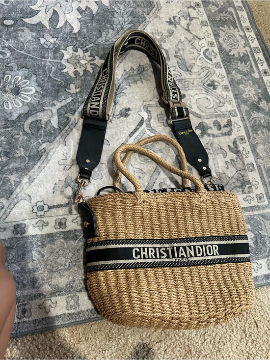 Dior Handbags - Dior Natural Straw Tote with Black 'ChristianDior' Band and Straps